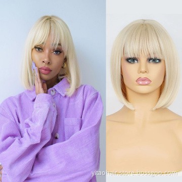 Anogol Cheap Ombre color black root Blonde Synthetic hair Bob Wigs With Bangs 613 color  sik straight synthetic hair  wigs